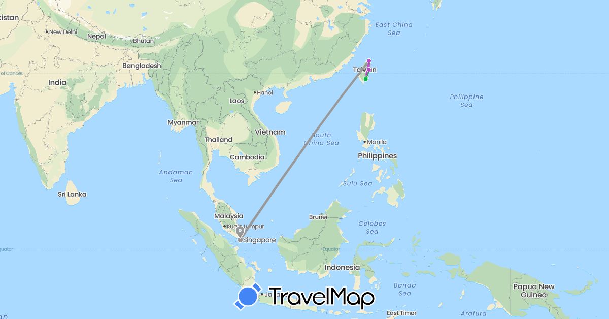 TravelMap itinerary: bus, plane, train in Singapore, Taiwan (Asia)